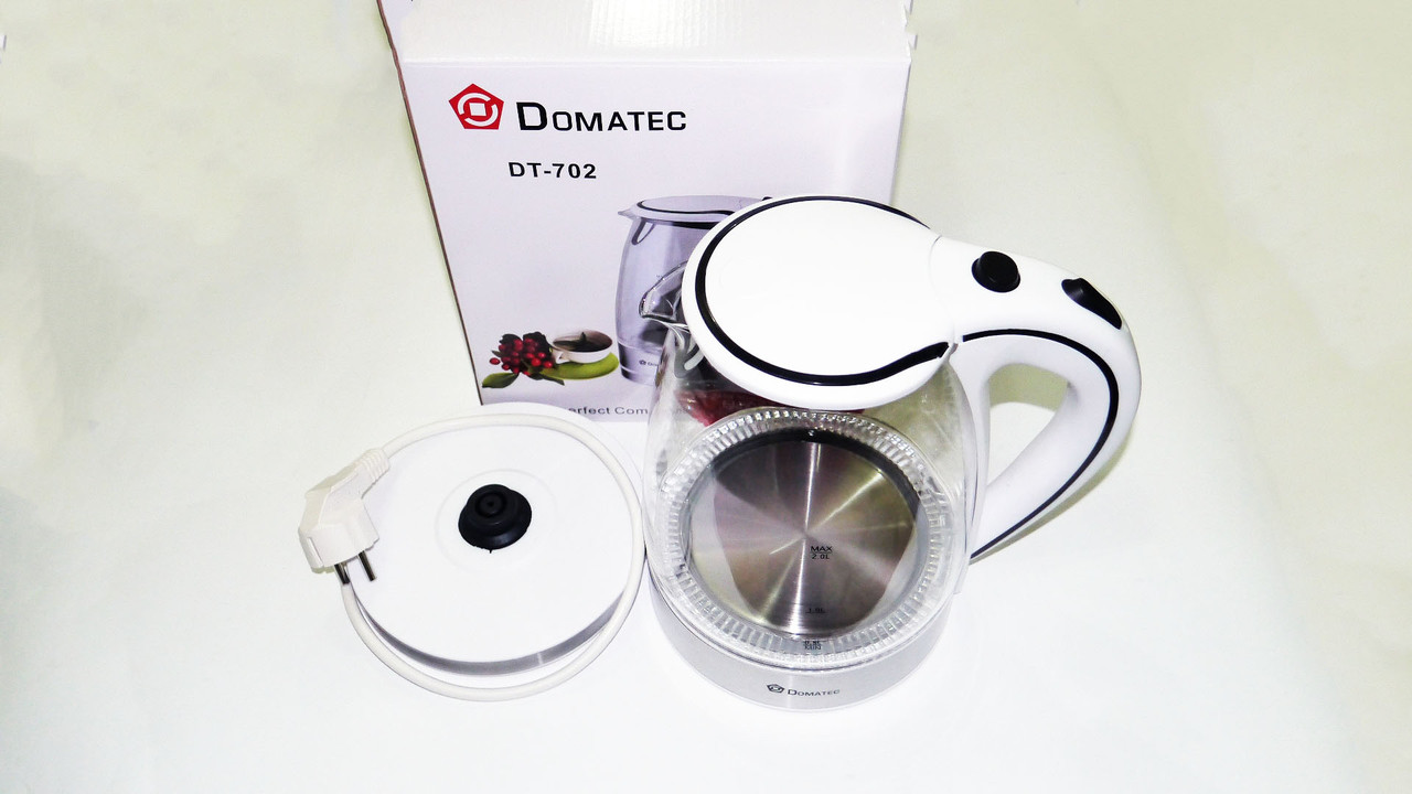 Domotec DT-702 2L Чайник електричний (скляна колба) LED підсвічування (Білий)