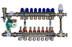 Колектор для теплої підлоги в складі з триходовим клапаном на 8 контурів