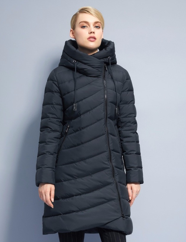 Пуховик жіночий зимовий стьобаний чорний на блискавці з капюшоном довгий Miagofce, фото 1