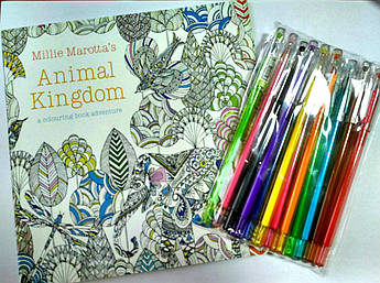 Розмальовка антистрес Animal Kingdom + Набір гелевих ручок 12 шт