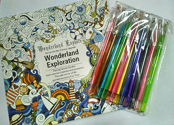 Розмальовка антистрес Wonderland Exploration + Набір гелевих ручок 12 шт