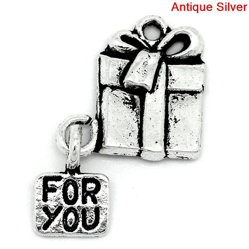 Підвіска " Коробочки для різдвяних подарунків ", "FOR YOU" 26.0 мм x 16.0 мм, Метал, Античне срібло,