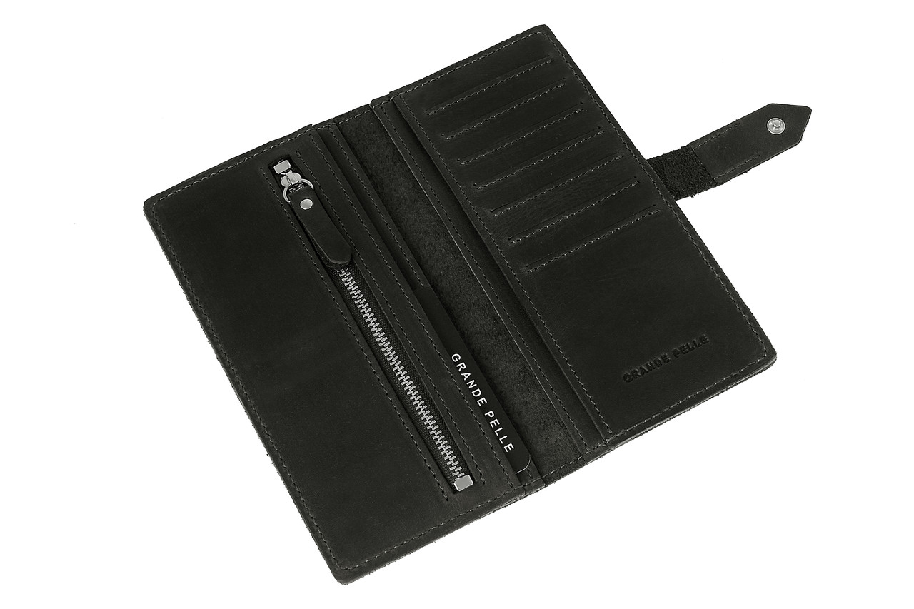 Шкіряний портмоне гаманець чорний з натуральної шкіри Grande Pelle на кнопці (клапані) ручної роботи