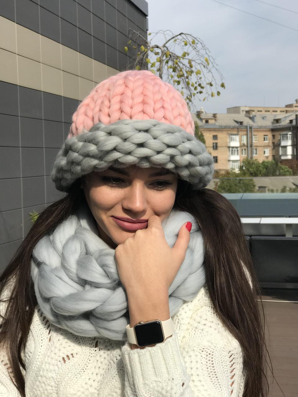 Набір шапка+хомут великої в'язки з 100% вовни мериноса