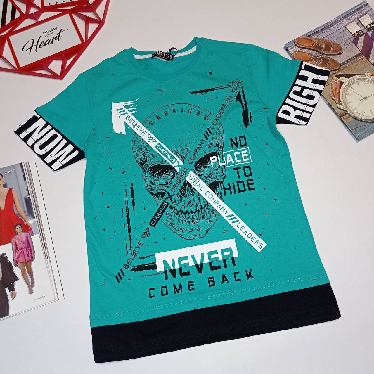 

Яркая бирюзовая футболка с черепом для мальчика подростка,модная 10 лет