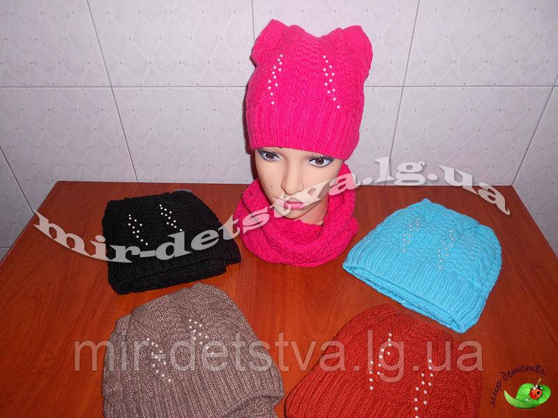 Комплект вовняної для дівчинки шапка+хомут (фліс) р. 54-56 см (50% шерсть)