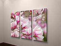 Фотокартина модульная с часами розовые весенние магнолии цветы 90*60 из 3 частей