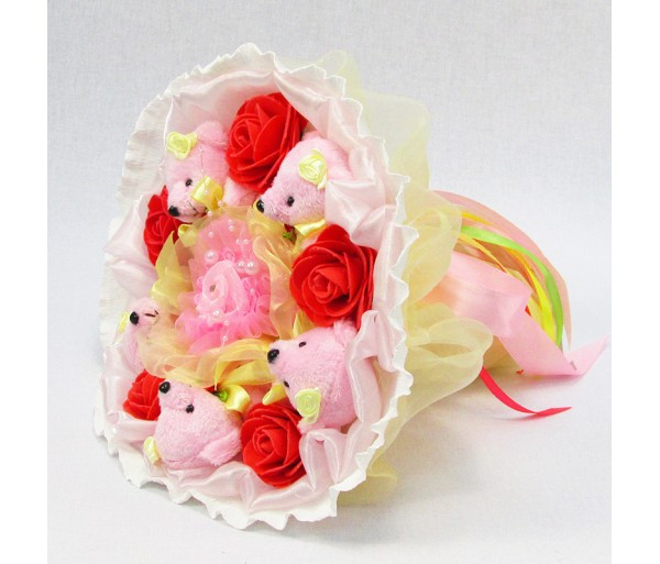 Букет з іграшок Ведмедики 5 рожеві з кораловими трояндами, фото 1