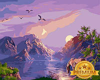 Картины по номерам 40х50 см. Babylon Premium (цветной холст + лак) Закат в горах Художник Виктор Цыганов