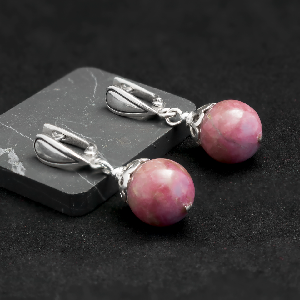 Родоніт орлиц, Ø12 мм., срібло, сережки, 268СРР