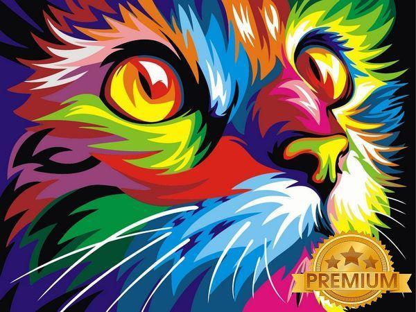 Картини по номерам 40х50 см. Babylon Premium (кольорове полотно + лак) Веселковий кіт Художник Ваю Ромдони