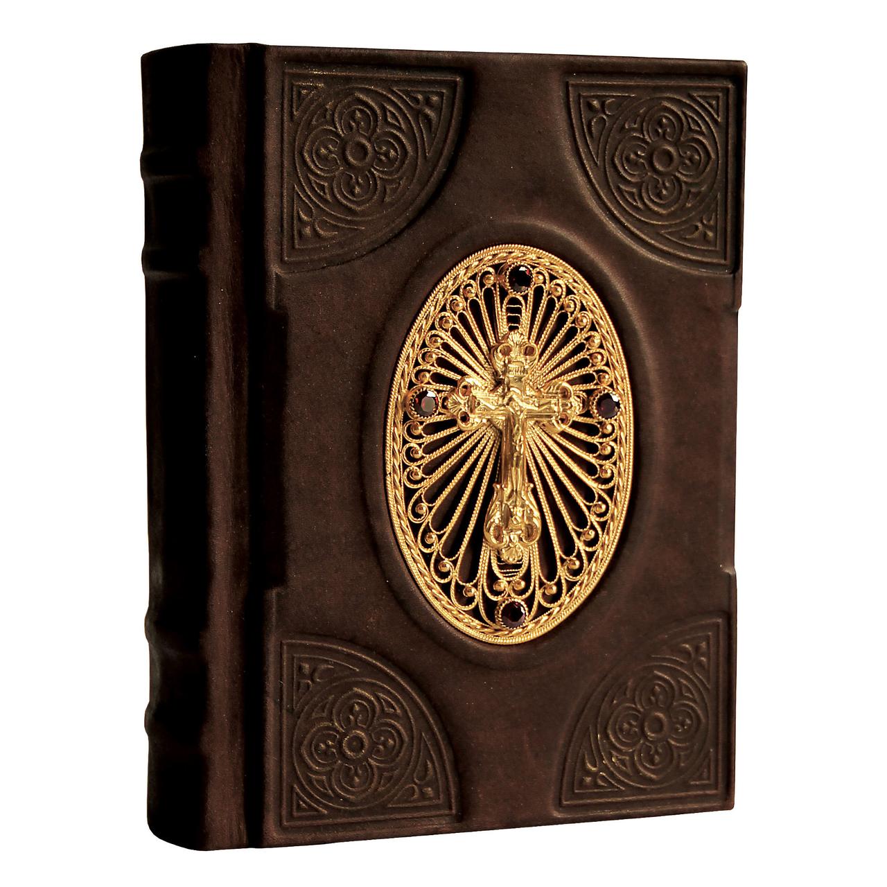 Православний молитвослов в шкіряній палітурці прикрашений хрестом, золотий філігранню і гранатами, фото 1