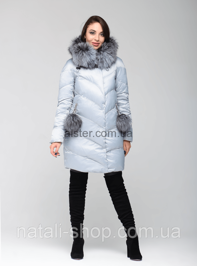 Зимова жіноча куртка CHANEVIA з нтуральним хутром чорнобурки BLUE, розмір L (46), фото 1