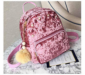 Рюкзак жіночий оксамитовий з перлинами і помпоном (рожевий)