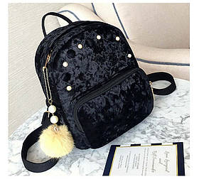 Рюкзак жіночий оксамитовий з перлинами і помпоном (чорний)