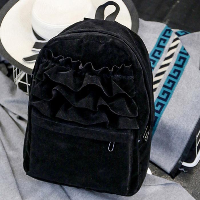 Рюкзак жіночий міський оксамитовий з рюшами (чорний), фото 1