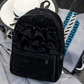 Рюкзак жіночий міський оксамитовий з рюшами (чорний)