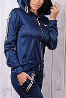 Стильний атласний батальний спортивний костюм жіночий Туреччина на блискавці XS S M L XL синій