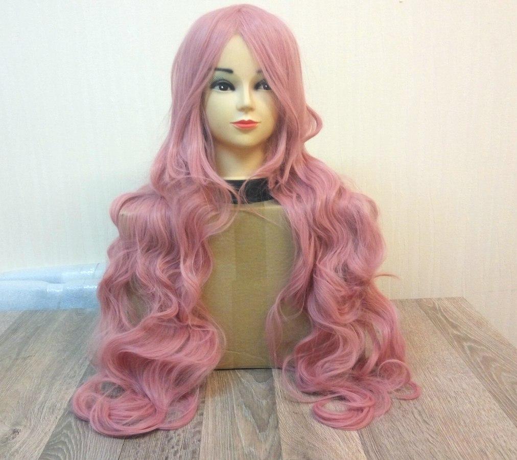 Парик розовый длинный волнистый с длинной челкой женский для женщин 80см из искусственных волос - фото 2 - id-p125914280