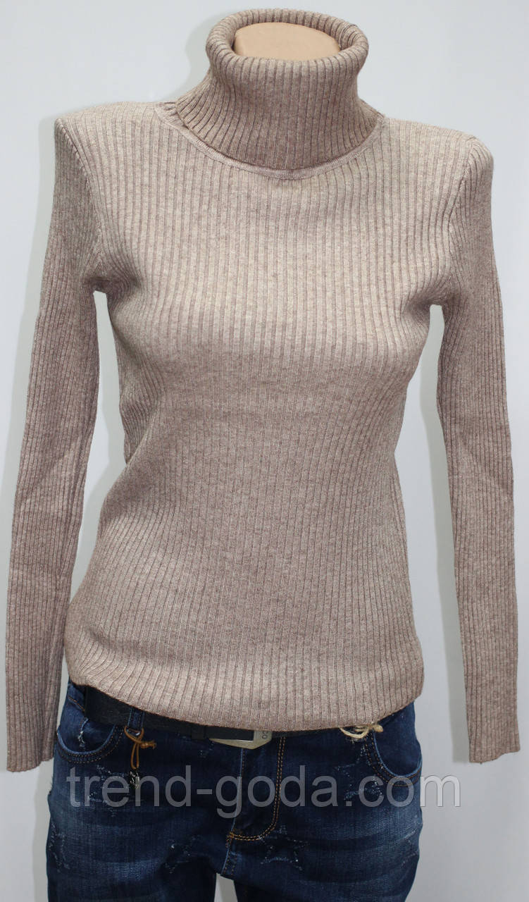 Кофта жіноча базовий теплий гольф у рубчик бежевий, фото 1