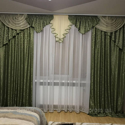 Комплект ламбрекен со шторами на карниз 3- 3.5 м. Зелёного цвета. (ID ...