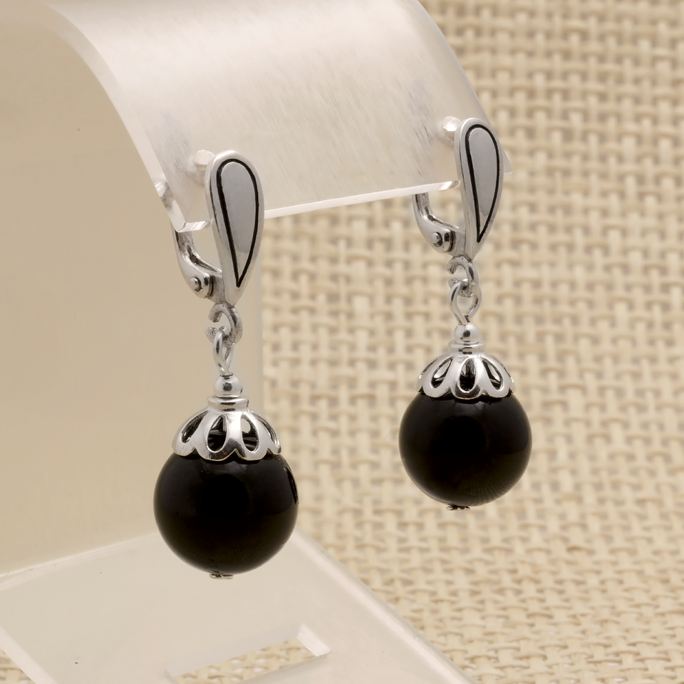 Шерл чорний турмалін, Ø12 мм., срібло, сережки, 272СРШ