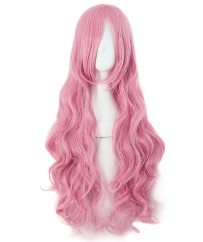 Перука рожева довга хвиляста з довгим чубчиком жіноча для жінок 80см зі штучного волосся