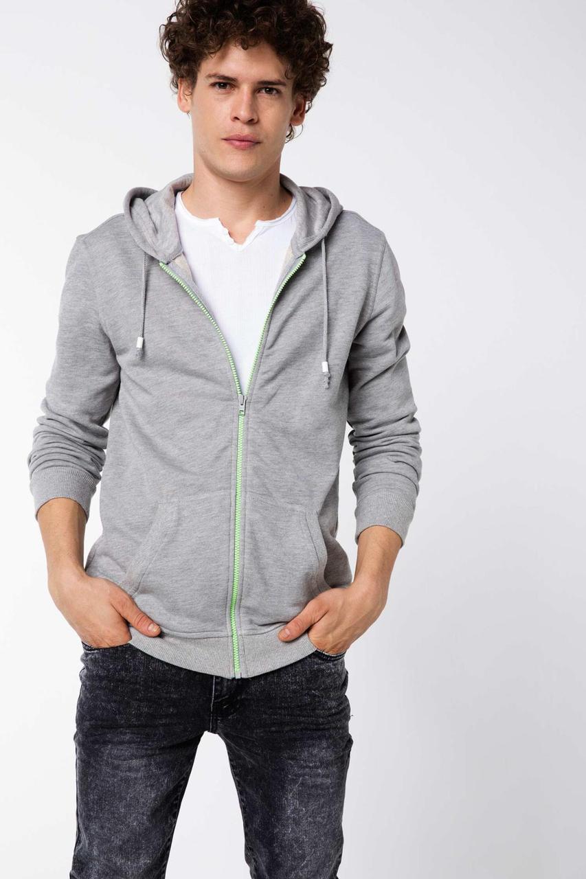 Серая мужская спортивная кофта De Facto / Де Факто с салатовой молнией ...