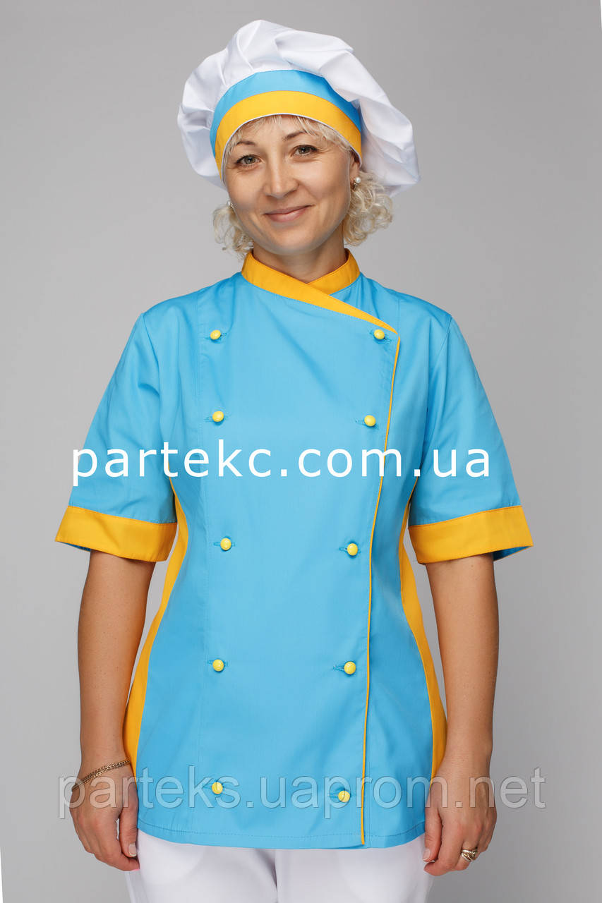 Куртка повара женская Символ, голубого цвета с желтыми вставками - фото 2 - id-p476098148