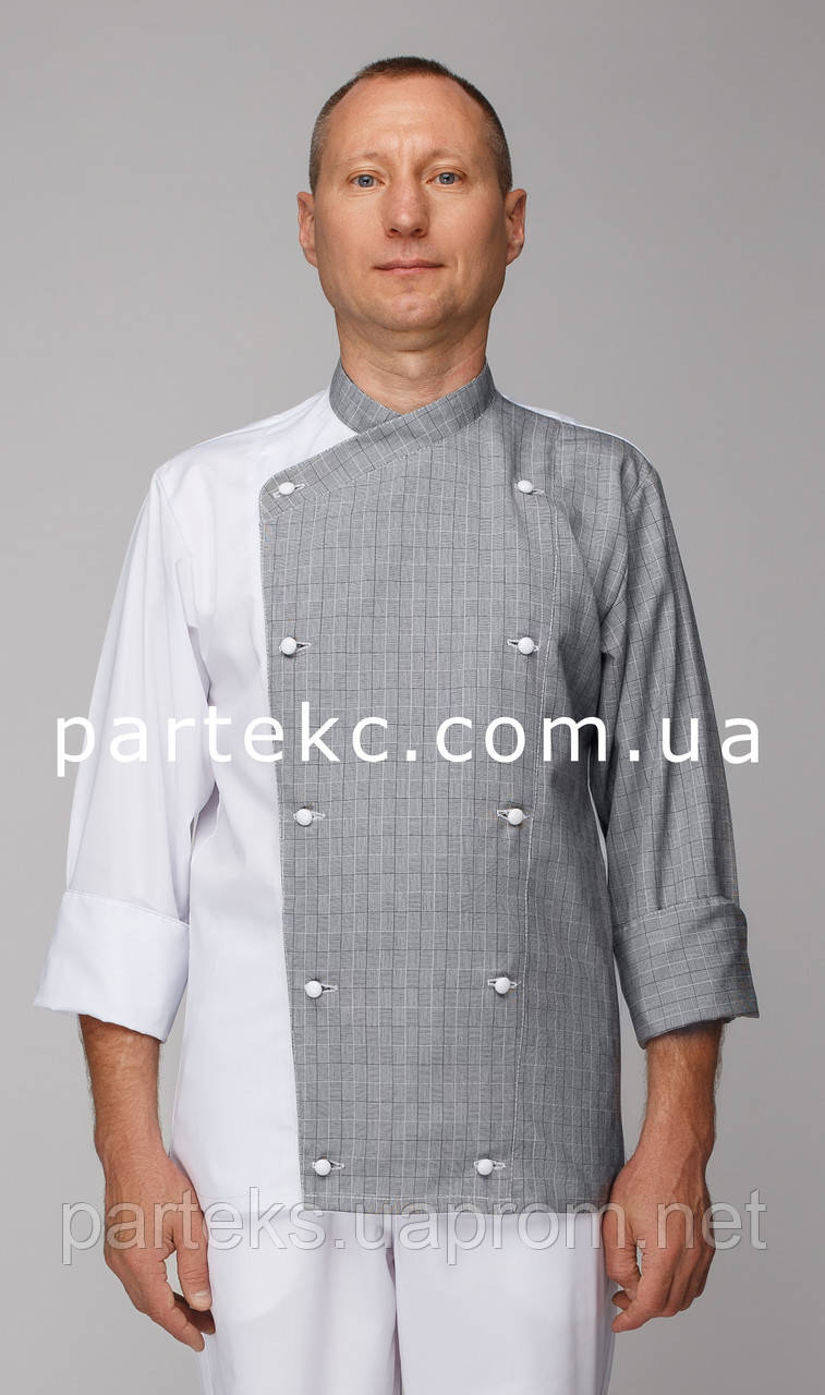 Куртка кухаря ЧАЙКА чоловіча, біла з сірою клітинкою