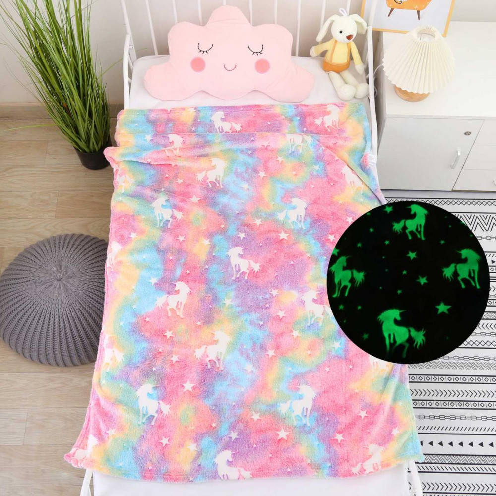 

Детский плед покрывало единорги светящийся в темноте 100х110 см Magic Blanket, Розовый