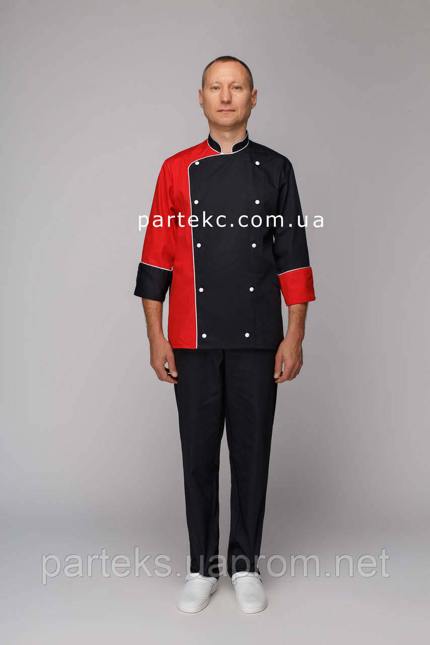 Костюм кухаря чоловічий Шеф-Кухар, чорного кольору з червоними вставками