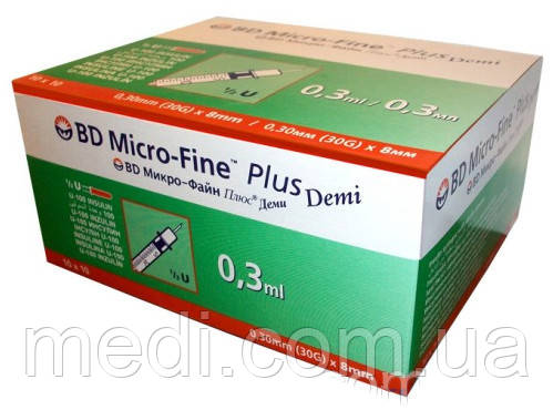Інсуліновий Шприц BD Micro-Fine Plus Demi U-100 0,3 мл*8мм, фото 1