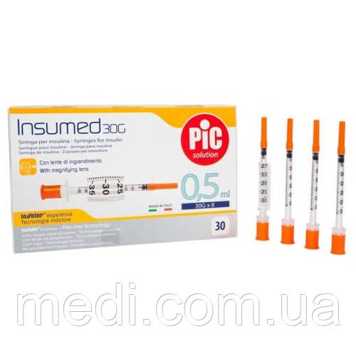 Інсулінові шприци INSUMED 0,5 мл з голкою 30Gх8 мм (30 шт), фото 1