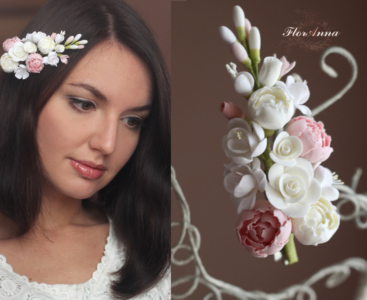 Заколка з квітами "Зефірно-карамельна ніжність" Весільні прикраси для волосся. Все для весілля
