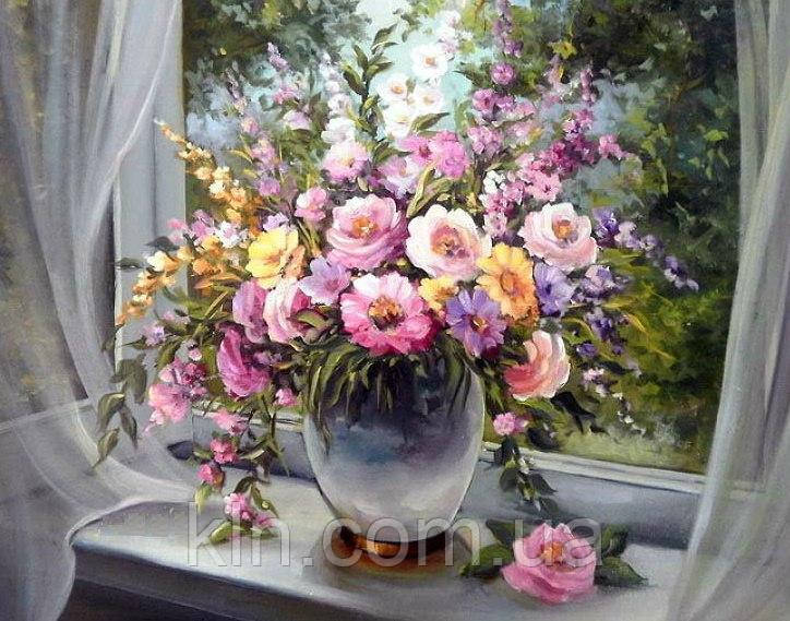 Алмазна вишивка на підрамнику Літній букет біля вікна 50 х 40 см (арт. TN652), фото 1
