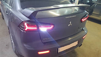 Задні тюнінг ліхтарі Lancer X 2008+ Audi стиль , світлодіодні, прозорі червоні Лансер Х