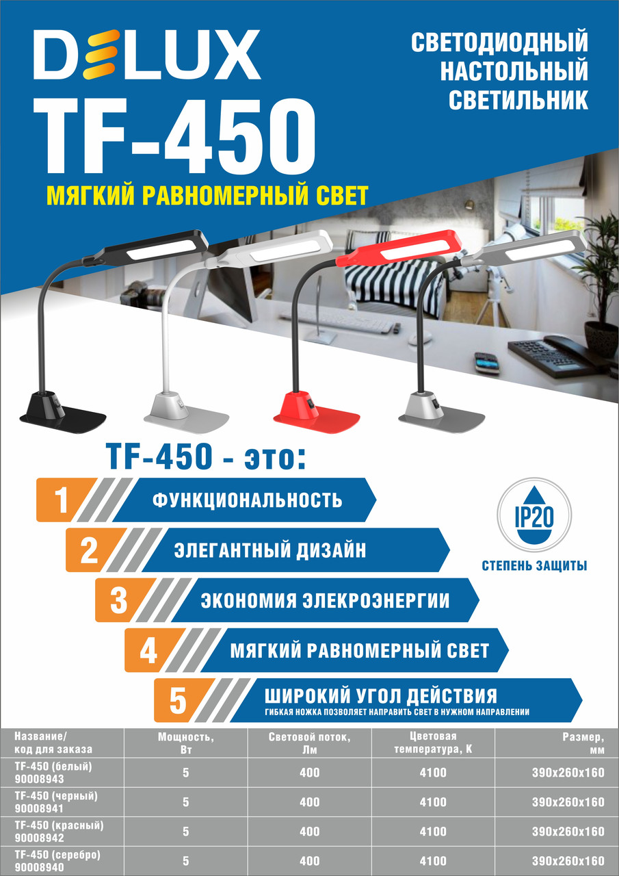 Настольная ЛЕД лампа 5Вт серебро DELUX TF-450 (90008943) - фото 2 - id-p605802509