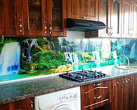 Фартук для кухни из стекла с изображением озера с водопадом