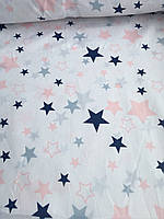 Хлопковая ткань польская звезды синие, розовые, серые большие и маленькие на белом (E-361)
