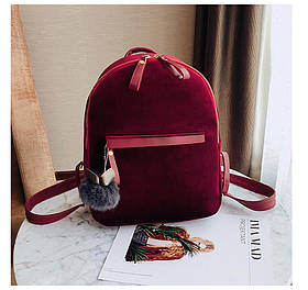 Рюкзак жіночий оксамитовий для дівчат, дівчаток з помпоном (бордовий)