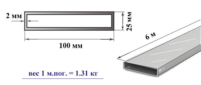 Профильная алюминиевая труба прямоугольного сечения 100х25х2 мм 6060 Т6