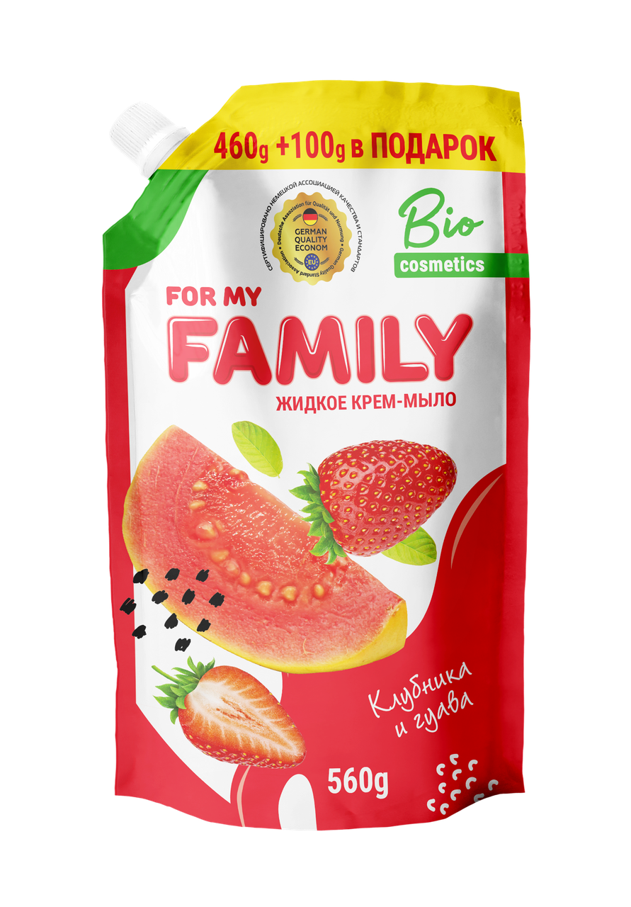 

Жидкое крем-мыло For my FAMILY "Клубника и гуава с увлажняющим рисовым маслом" 560г.(DOYPACK)