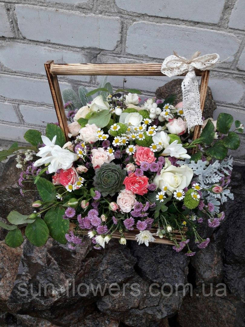 Квіти-мікс у дерев'яному ящику (рустик), фото 1