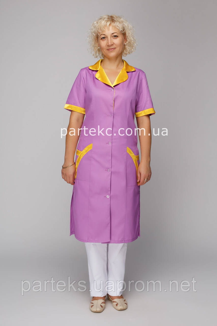 Халат жіночий Ярослава, бузкового кольору та жовтою з атласною обробкою