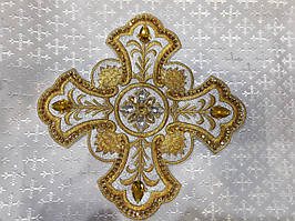 Хрест (крест) для церковного одягу великий  24 на 24 см золотистий на срібному з жовтими стразами