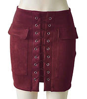 Женская замшевая юбка с карманами на шнуровке бордовая (марсала)