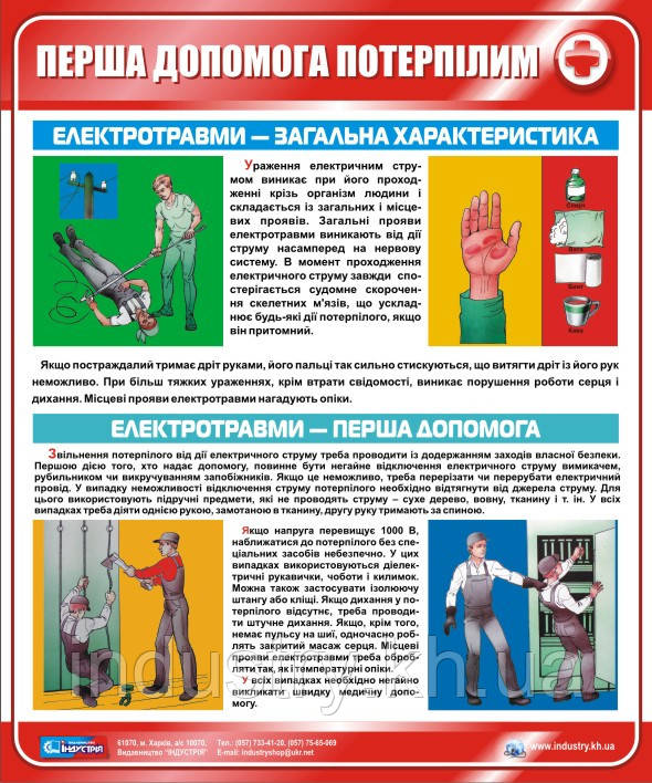 Стенд. Перша допомога потерпілим. Електротравми. Загальна характеристика і перша допомога. 0,5х0,6. Пластик