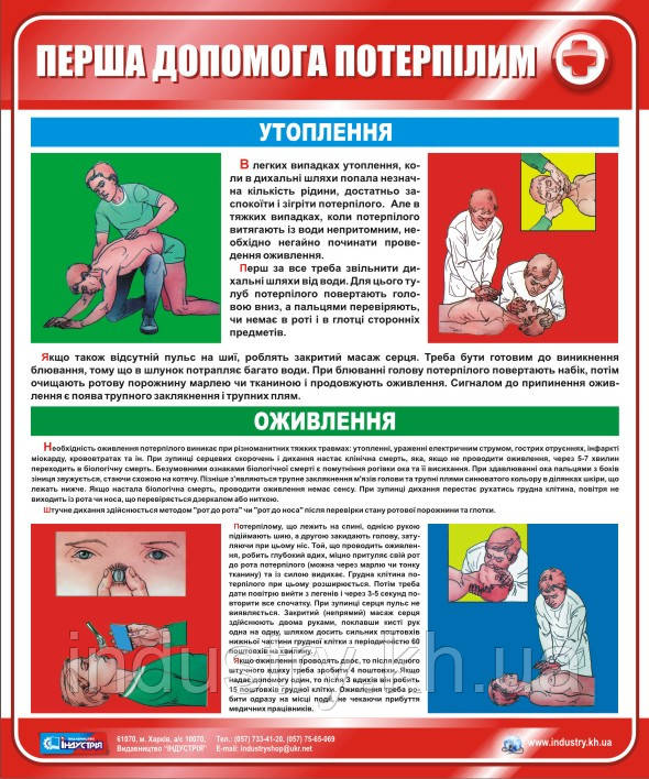 Стенд. Перша допомога потерпілим. Утоплення. Оживлення. 0,5х0,6. Пластик