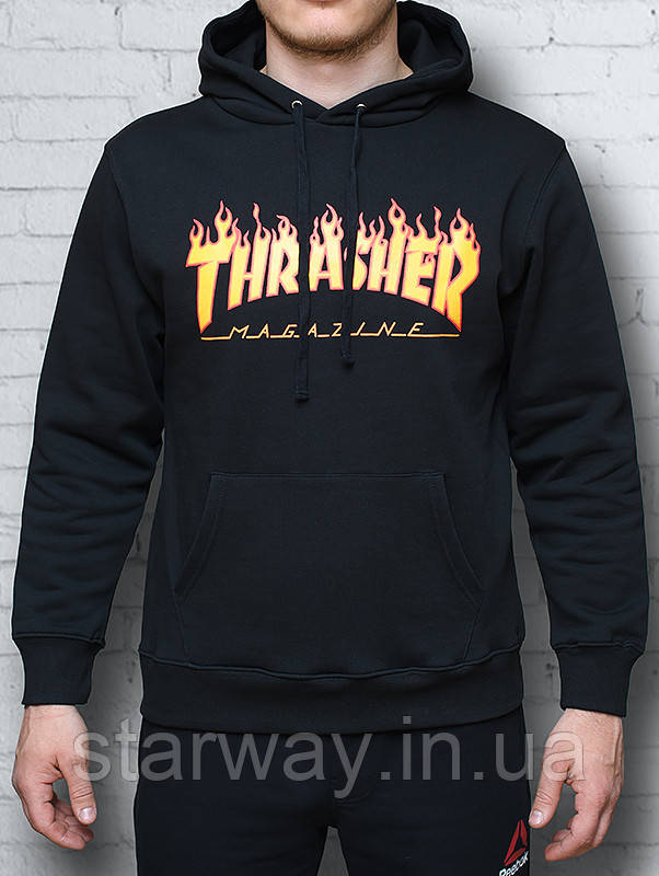 Чорна толстовка з принтом thrasher magazine | худі трешер лого